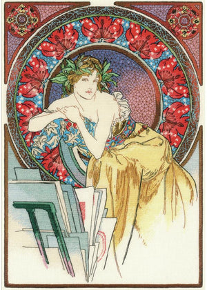 girl with easel - mucha - a riolis premium cross stitch kit
