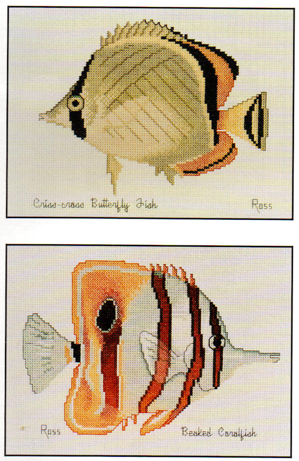 criss-cross butterfly and beaked coralfish - a ross originals cross stitch chart